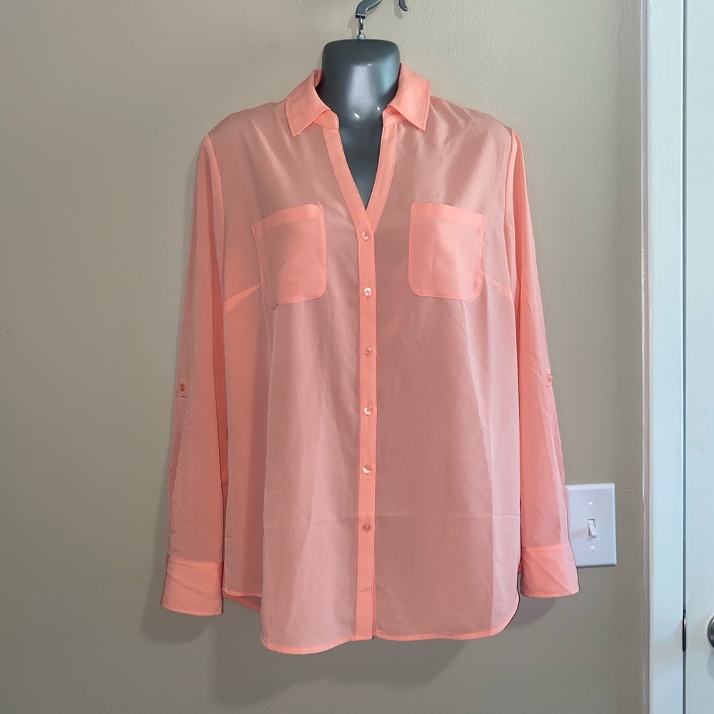 Talbots Peach / Coral Semi-Sheer Button-Up Blouse, size Medium